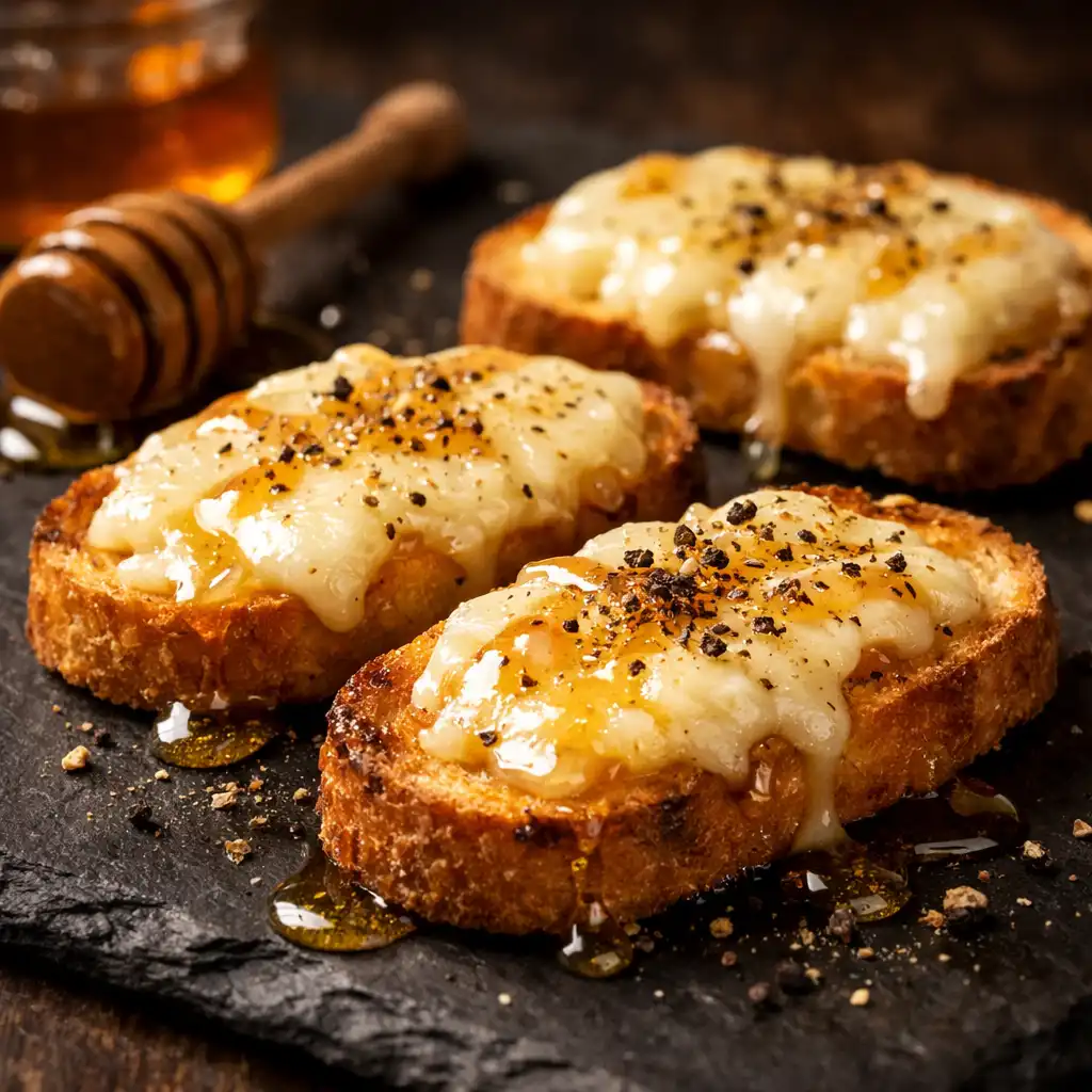 The finished starter featuring melted cheese over crostini with honey and cracked pepper on a slate plate