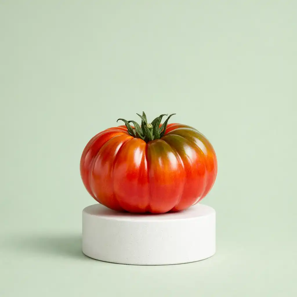 A fresh heirloom tomato on a white pedestal against a sage green background