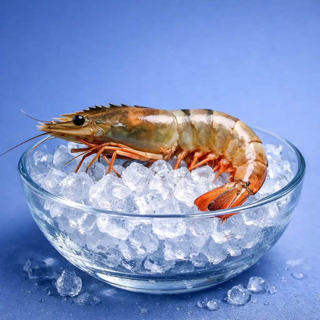 A fresh prawn displayed on a bed of ice in a glass bowl against a blueberry background