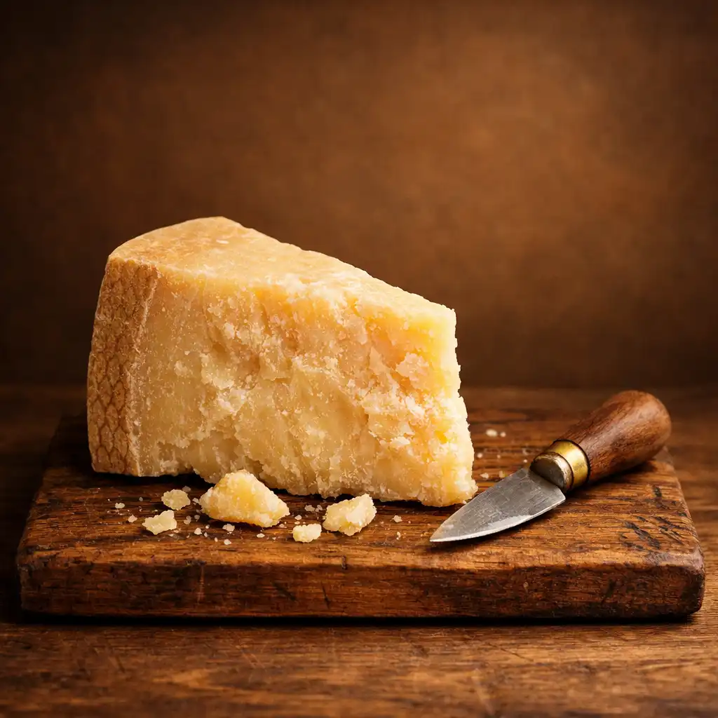 A wedge of aged cheese on a wooden board with a small knife against a warm brown background