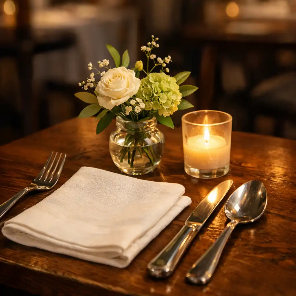 Close-up table setting with white linen, polished silverware, fresh flowers, and a lit candle